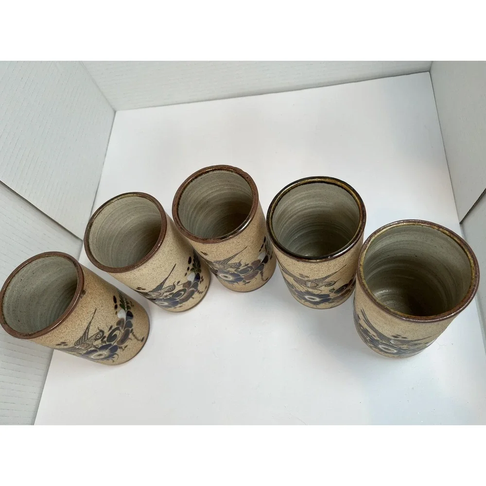 Tonala Pottery Cups Painted Blue Flowers Bird Stone Ware Lot Of 5 Netzi Mexico - Picture 3 of 16
